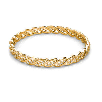 Perspective view of yellow gold twisted braid diamond bangle