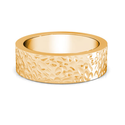 Front view of yellow gold hammered texture band for men