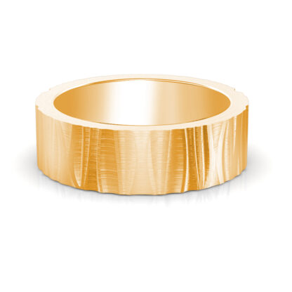 Front view of yellow gold bark texture band for men