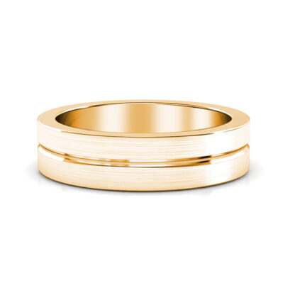 Front view of yellow gold brushed center groove band for men