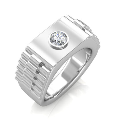 Perspective view of white gold or platinum stepped ridge bezel diamond ring for men