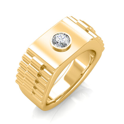 Perspective view of yellow gold stepped ridge bezel diamond ring for men