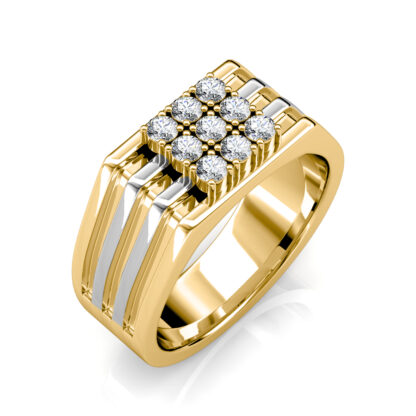 Perspective view of yellow and white gold two-tone nine diamond grooved ring for men