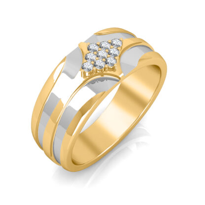 Perspective view of two-tone yellow and white gold two-tone diamond cluster ring for men