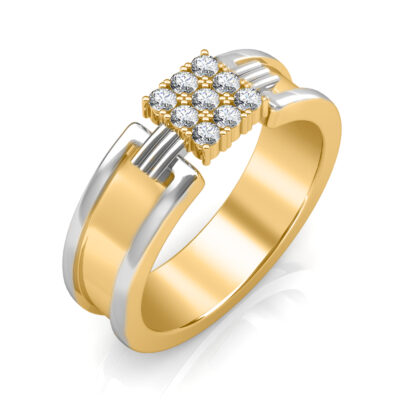 Perspective view of two-tone yellow and white gold two-tone nine diamond bridge ring for men