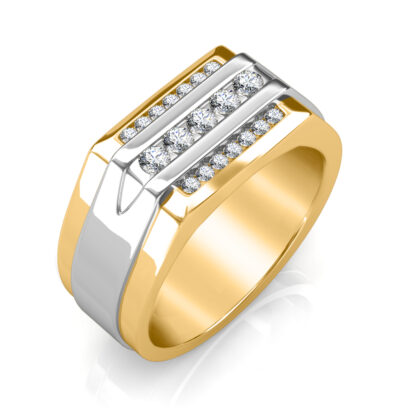 Perspective view of two-tone yellow and white gold three row channel-set diamond ring for men