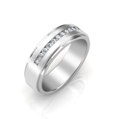 Perspective view of white gold or platinum channel-set diamond brushed band for men