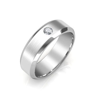 Perspective view of white gold beveled edge diamond solitaire band for men