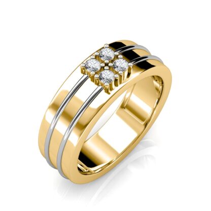 Perspective view of yellow and white gold double groove four diamond ring for men