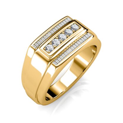 Perspective view of yellow gold baguette and round diamond signet ring for men