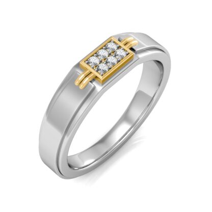 Perspective view of white and yellow gold two-tone six diamond rectangle ring for men
