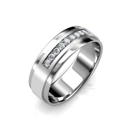 Men's channel-set diamond wedding band in white gold or platinum, angled view