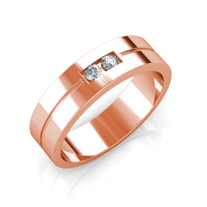 Perspective view of rose gold two diamond groove flat band for men