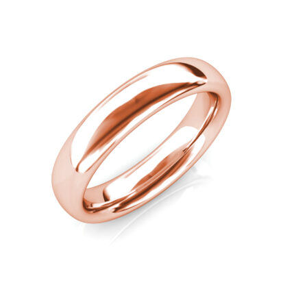 Perspective view of rose gold classic polished dome band for men