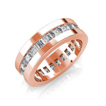 Perspective view of rose gold princess cut channel-set eternity band for men