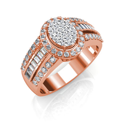 Perspective view of rose gold oval diamond cluster baguette ring for men