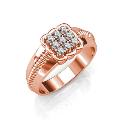 Perspective view of rose gold nine diamond scalloped square ring for men