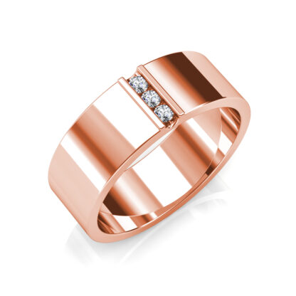 Perspective view of rose gold vertical three diamond flat band for men