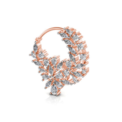Perspective view of rose gold diamond leaf cluster nose ring
