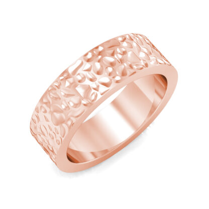 Perspective view of rose gold hammered texture band for men