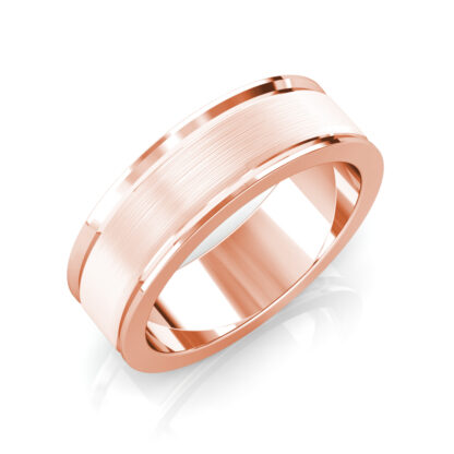 Perspective view of rose gold brushed step edge band for men