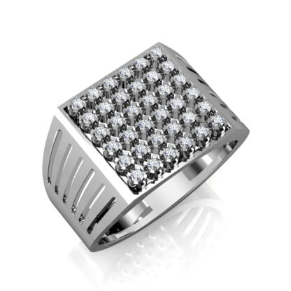 Perspective view of white gold or platinum square diamond cluster slotted ring for men