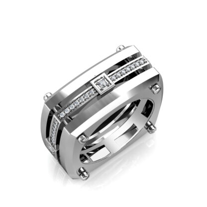 Perspective view of white gold or platinum screw detail diamond square band for men