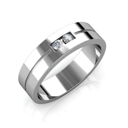 Perspective view of white gold or platinum two diamond groove flat band for men