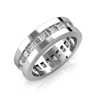 Perspective view of white gold or platinum princess cut channel-set eternity band for men