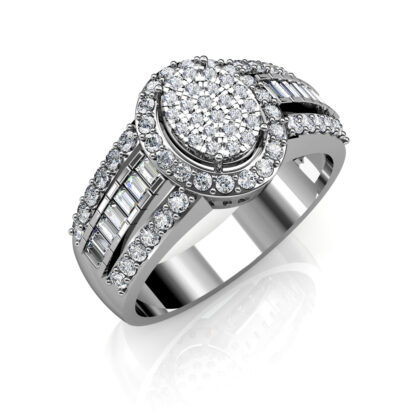 Perspective view of white gold or platinum oval diamond cluster baguette ring for men