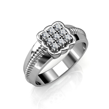 Perspective view of white gold or platinum nine diamond scalloped square ring for men