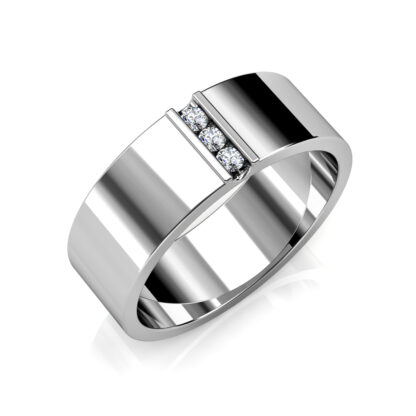 Perspective view of white gold or platinum vertical three diamond flat band for men