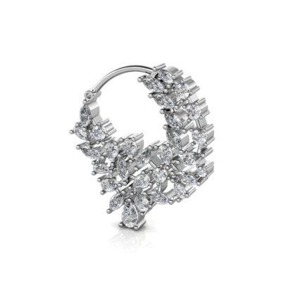 Perspective view of white gold or platinum diamond leaf cluster nose ring