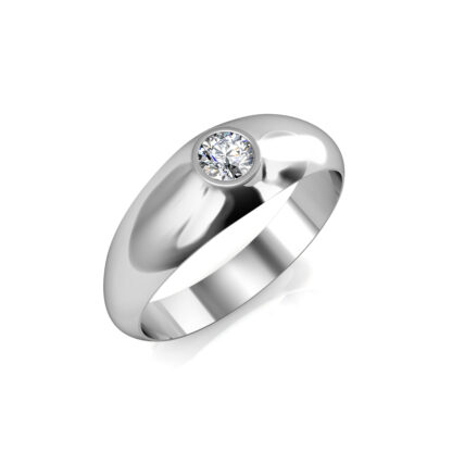 Perspective view of white gold or platinum domed bezel diamond ring for men