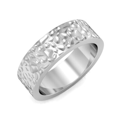 Perspective view of white gold or platinum hammered texture band for men