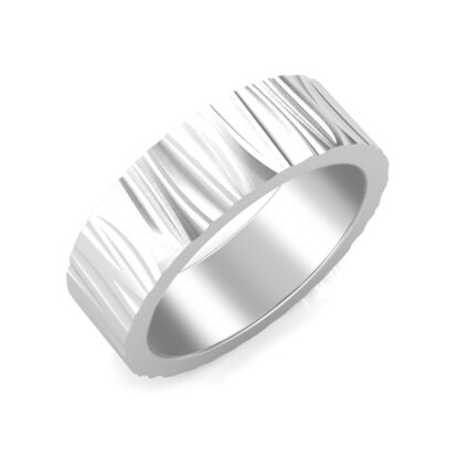 Perspective view of white gold or platinum bark texture band for men