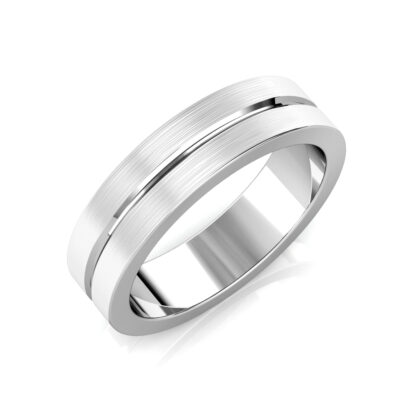 Perspective view of white gold or platinum brushed center groove band for men