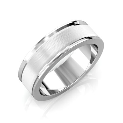Perspective view of white gold or platinum brushed step edge band for men