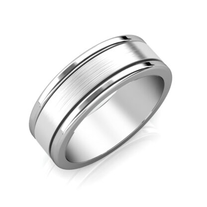Perspective view of white gold or platinum brushed double groove band for men