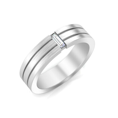 Perspective view of white gold or platinum baguette diamond double rail band for men