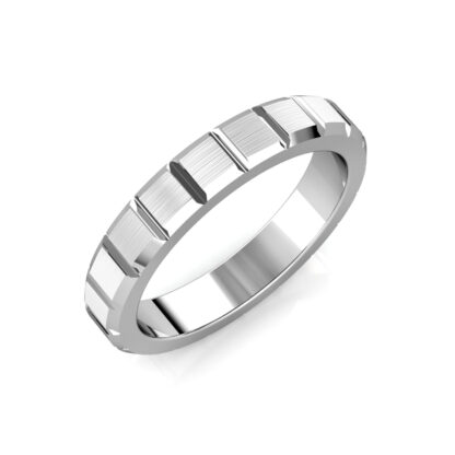 Perspective view of white gold or platinum brushed block segment band