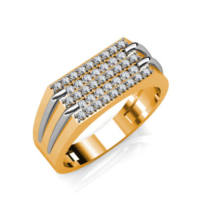 Perspective view of yellow and white gold five row pave diamond two-tone ring for men