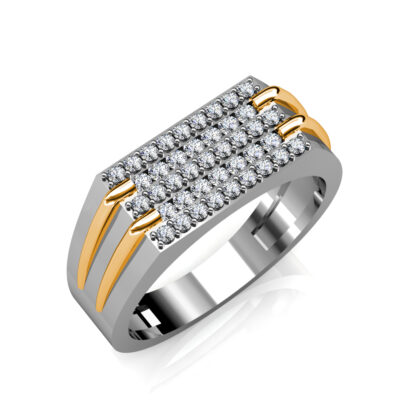 Perspective view of white and yellow gold five row pave diamond two-tone ring for men