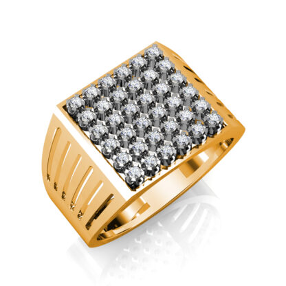 Perspective view of yellow gold square diamond cluster slotted ring for men