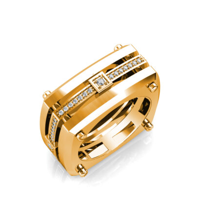 Perspective view of yellow gold screw detail diamond square band for men