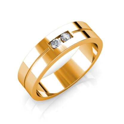 Perspective view of yellow gold two diamond groove flat band for men