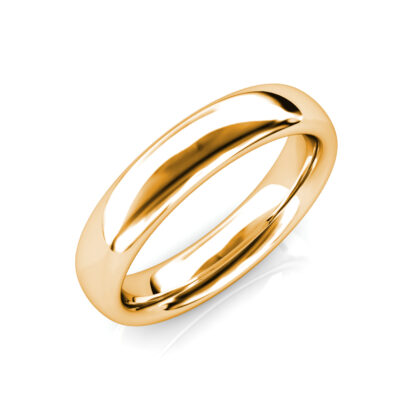 Perspective view of yellow gold classic polished dome band for men
