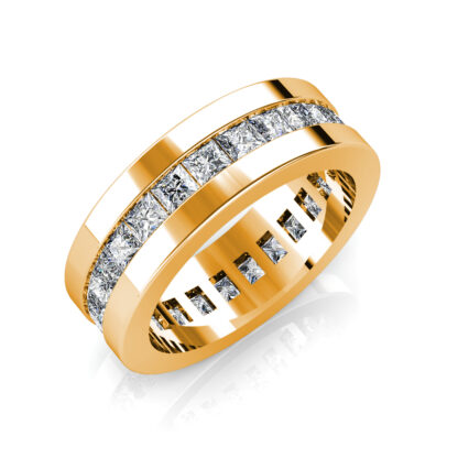 Perspective view of yellow gold princess cut channel-set eternity band for men