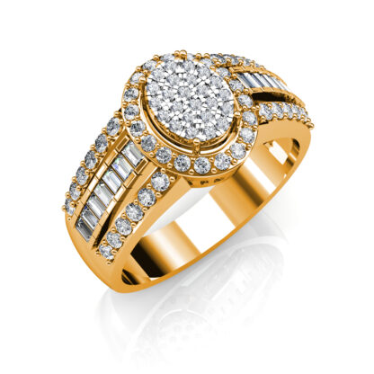Perspective view of yellow gold oval diamond cluster baguette ring for men