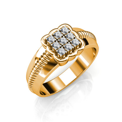 Perspective view of yellow gold nine diamond scalloped square ring for men